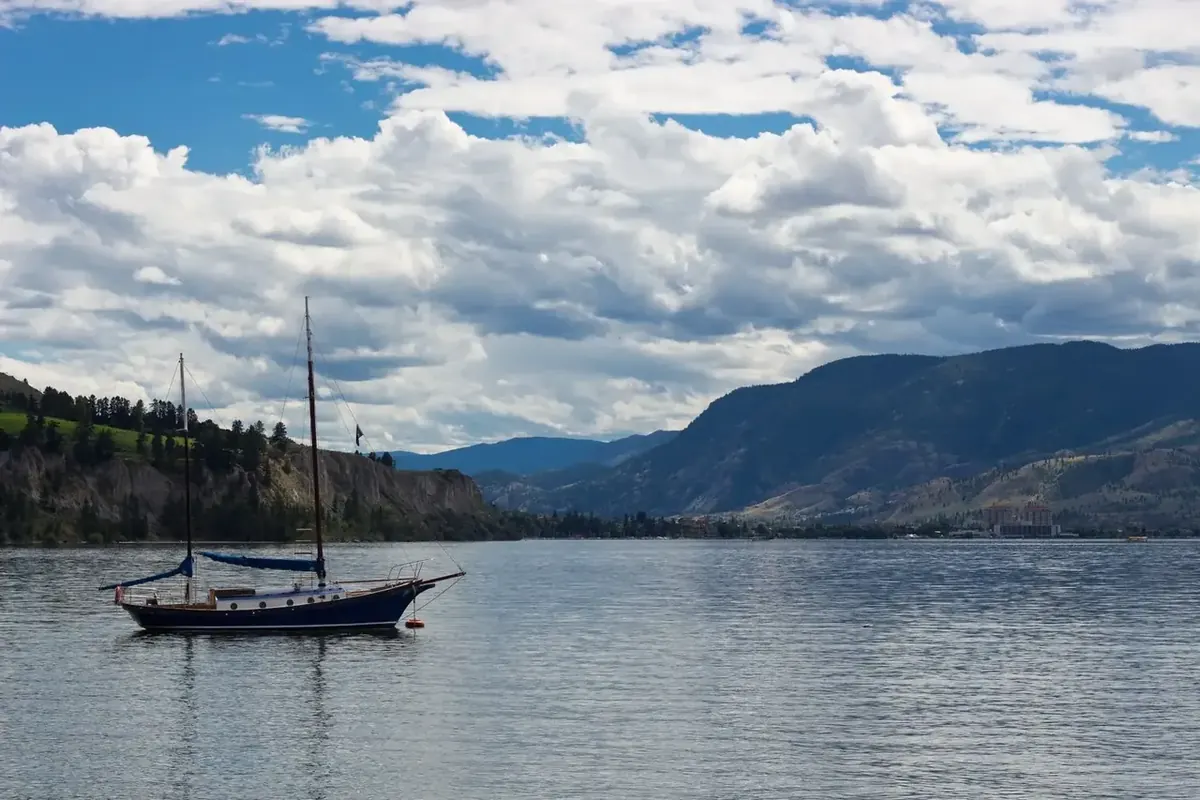 Mountain lake and boat in British Columbia