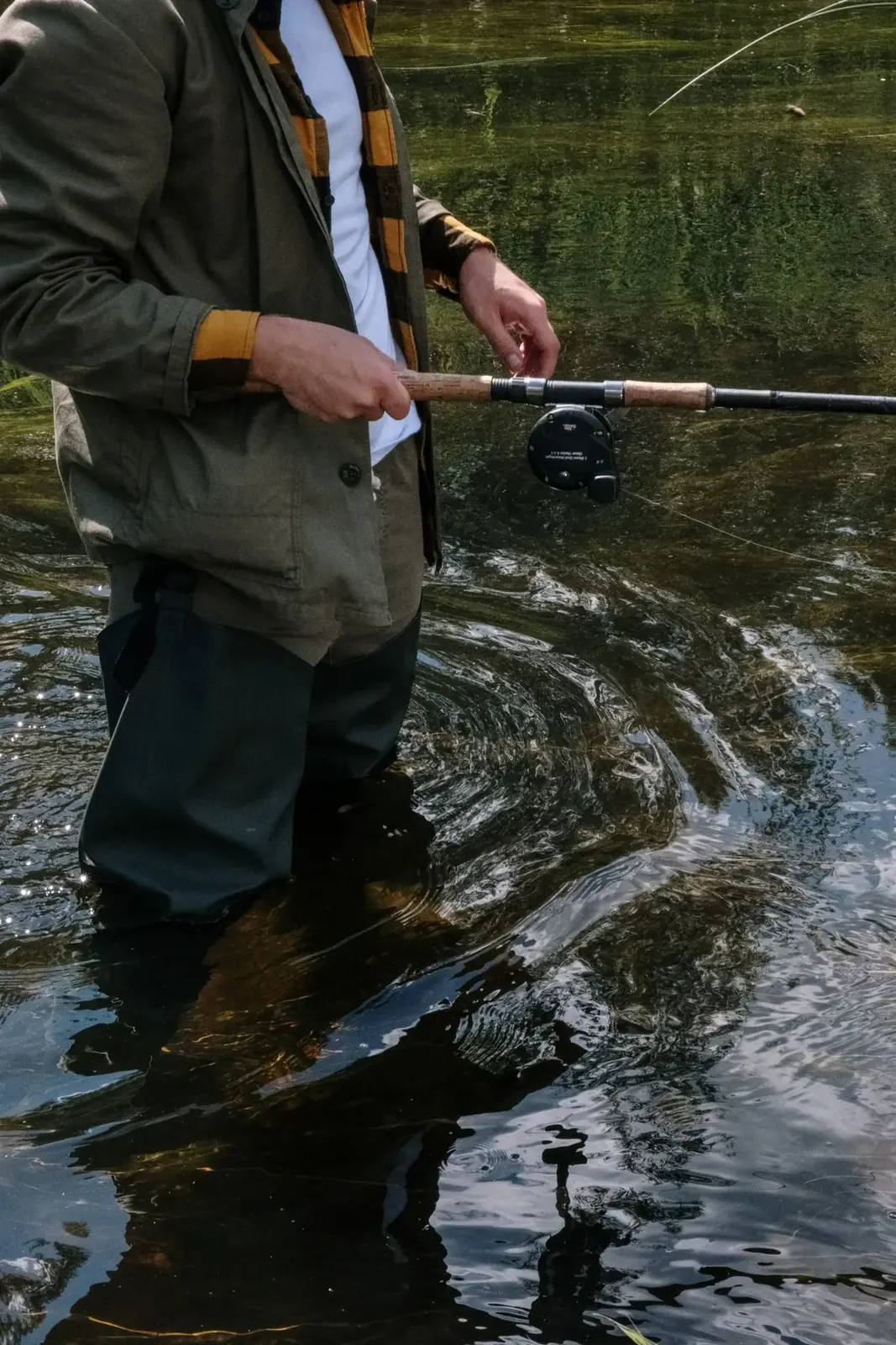 Angler holding a rod above moving water